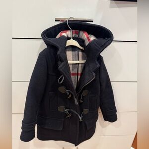 Burberry Kids Navy Pea Coat with Plaid Hood
